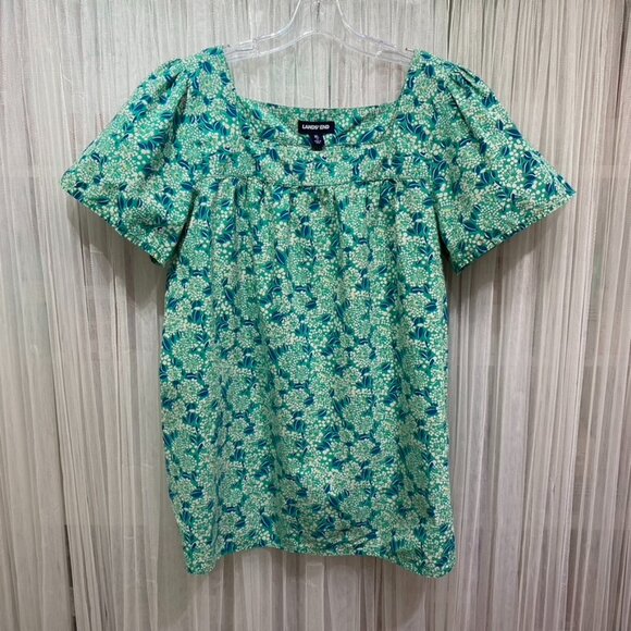 Lands' End Womens Size XL Floral Square Neck Boho Top Summer Chic Puffy Sleeves - Picture 1 of 11